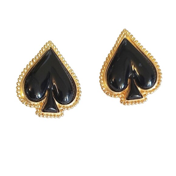 Trifari Vintage Jewelry - 1990s Vintage Large Black & Gold Heart Shaped Pierced Post Earrings By Trifari